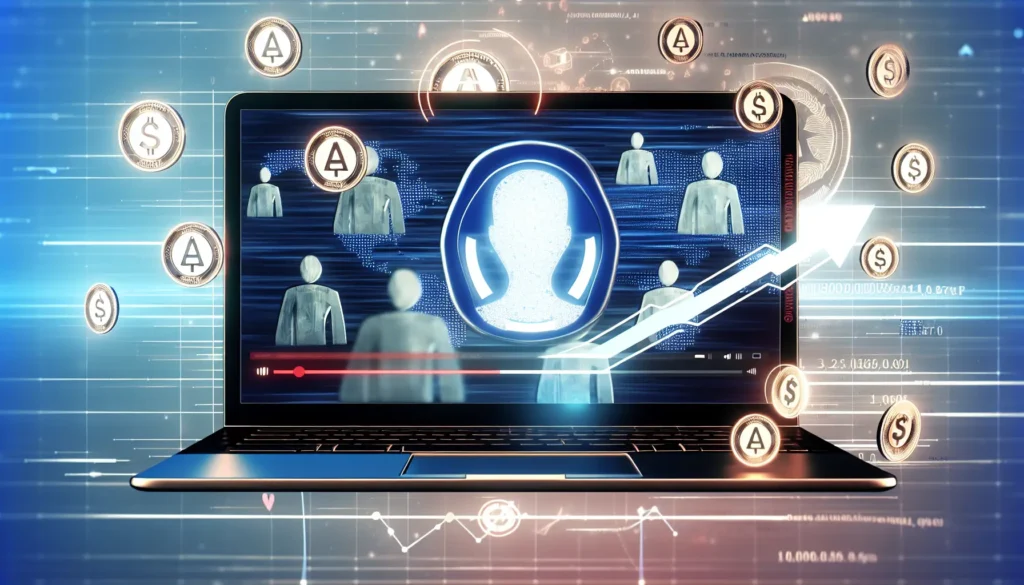 A modern digital illustration showing a laptop screen with the YouTube play icon, faceless avatars creating videos, floating AI automation symbols, and dollar signs rising on a growth chart. Clean, futuristic style representing faceless YouTube success and passive income.