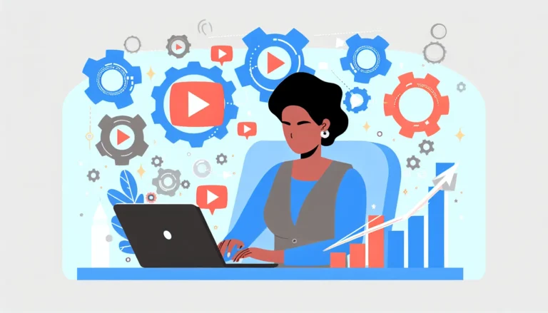 Modern flat illustration of a faceless YouTube creator at a laptop, surrounded by floating YouTube play icons, AI gears, and upward growth charts, symbolizing automation, SEO, and monetization success on YouTube.