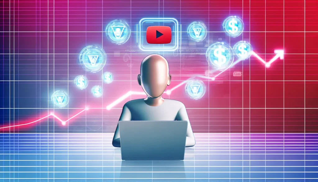 A modern digital illustration showing a faceless creator at a laptop with floating YouTube play icons, AI automation symbols, and dollar signs rising on a growth chart. Clean, sleek design in red, white, and tech-inspired tones symbolizing faceless YouTube success and monetization.