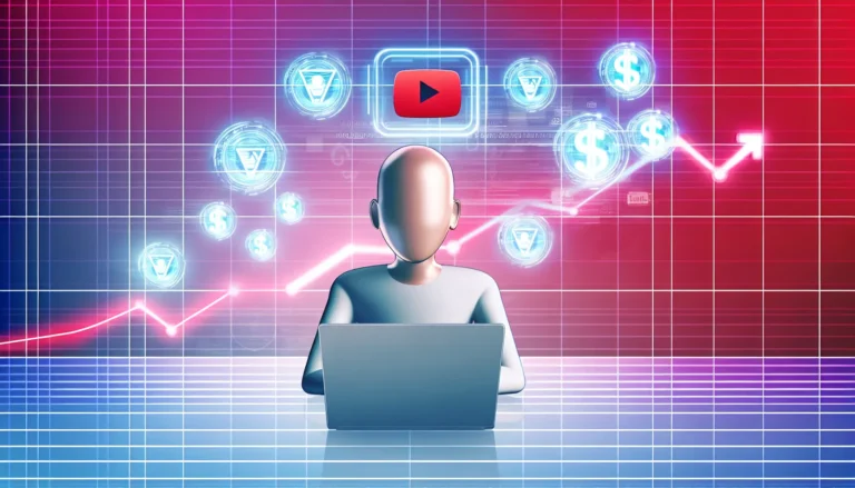 A modern digital illustration showing a faceless creator at a laptop with floating YouTube play icons, AI automation symbols, and dollar signs rising on a growth chart. Clean, sleek design in red, white, and tech-inspired tones symbolizing faceless YouTube success and monetization.