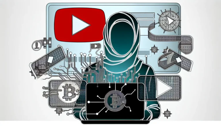 A modern digital illustration of a faceless creator at a laptop, surrounded by floating YouTube play buttons, AI circuit lines, and video automation icons, with charts showing growth and dollar symbols. Clean, futuristic, minimal vector art style.