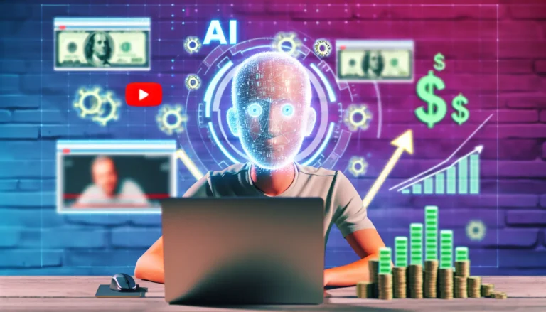 Modern digital illustration of a faceless creator sitting at a laptop with YouTube interface screens floating around, AI icons and automation gears blending into video thumbnails, alongside a rising growth chart and dollar symbols, symbolizing YouTube success and monetization.
