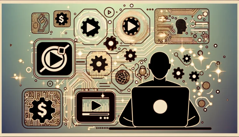 Modern flat illustration of a faceless creator at a laptop with YouTube icons, AI automation symbols, and floating dollar signs. Visualize video thumbnails, growth charts, and gears representing automation. Clean, professional, futuristic style emphasizing YouTube success and passive income.