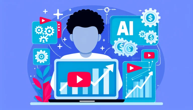 Modern flat illustration of a faceless creator at a laptop with YouTube play icons, AI gears, and upward growth charts. Elements showing video automation, monetization with dollar signs, and digital creativity. Clean, professional, futuristic style emphasizing YouTube success without showing faces.