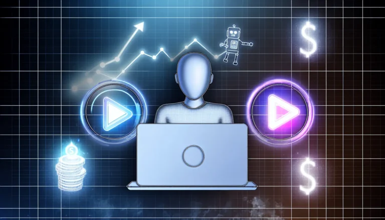 A modern digital illustration showing a faceless content creator at a laptop, surrounded by glowing YouTube play buttons, AI robot icons, and rising dollar symbols. A sleek growth chart in the background symbolizes YouTube success and automation in a clean, futuristic style.