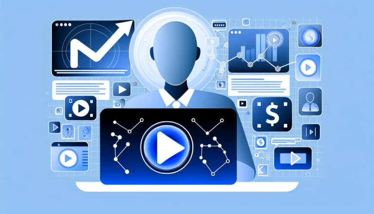 A modern digital illustration of a faceless content creator at a laptop with the YouTube play button on screen, surrounded by AI icons, video thumbnails, dollar signs, and upward growth charts. Clean, professional, flat vector style symbolizing YouTube automation and monetization success.