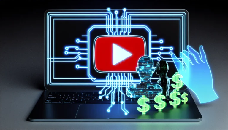 Modern digital illustration of a laptop screen with the YouTube play button, glowing AI circuits, faceless avatar silhouettes, and dollar signs rising like a growth chart. Clean, futuristic style representing video automation, online success, and monetization through faceless channels.