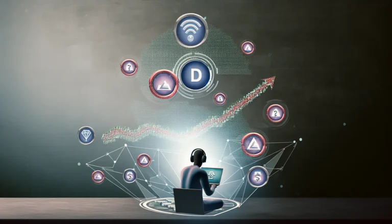 Modern digital artwork of a faceless content creator at a laptop with floating YouTube play icons, AI automation symbols, and a rising growth chart with dollar signs. Clean, futuristic, and professional style representing YouTube success through faceless channels.