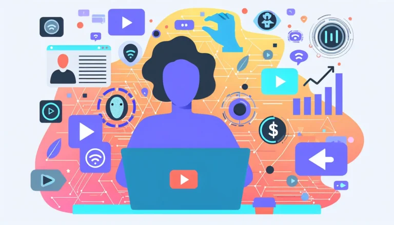 A modern flat illustration showing a faceless creator at a laptop, surrounded by AI symbols, YouTube play buttons, and floating growth charts with dollar signs. Bright, tech-inspired colors symbolizing automation, creativity, and online video success.
