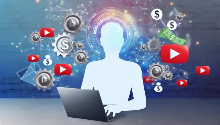 A modern digital illustration showing a faceless creator at a laptop with floating YouTube play buttons, AI gears, dollar symbols, and video editing icons. Sleek, futuristic design highlighting automation, growth, and channel monetization on YouTube without being on camera.