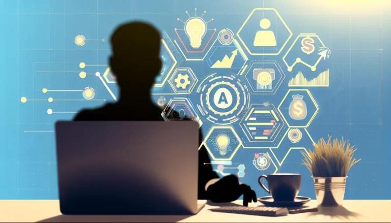 Modern flat illustration showing a faceless creator at a laptop with YouTube interface elements, AI automation icons, a rising growth chart, and dollar symbols to represent faceless channel success and monetization on YouTube.