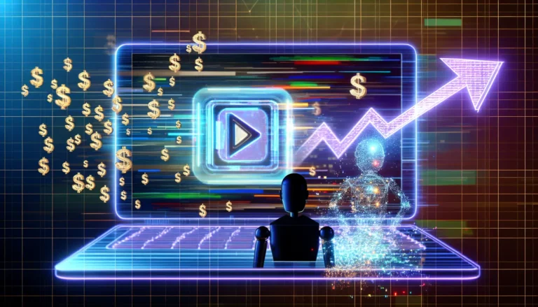 A modern digital illustration of a laptop screen showing the YouTube interface, surrounded by floating video icons, AI robot elements, dollar signs, and an upward growth chart. A faceless silhouette figure works on content creation, symbolizing automation, monetization, and faceless YouTube success.