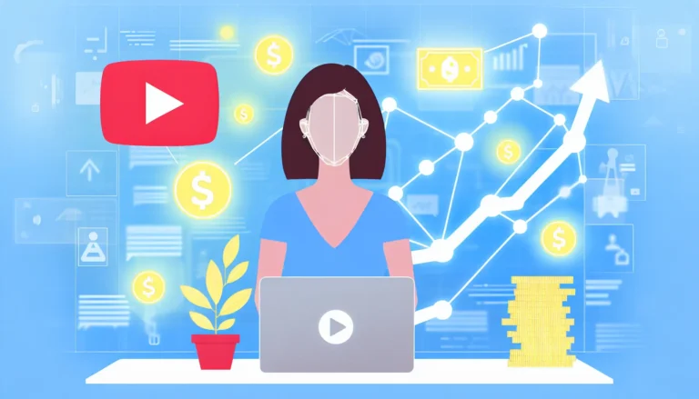 Modern flat illustration of a faceless YouTube creator working on a laptop, surrounded by YouTube play icons, AI automation symbols, and rising dollar signs with a growth chart, representing monetization and success without appearing on camera. Clean, bold, digital style.