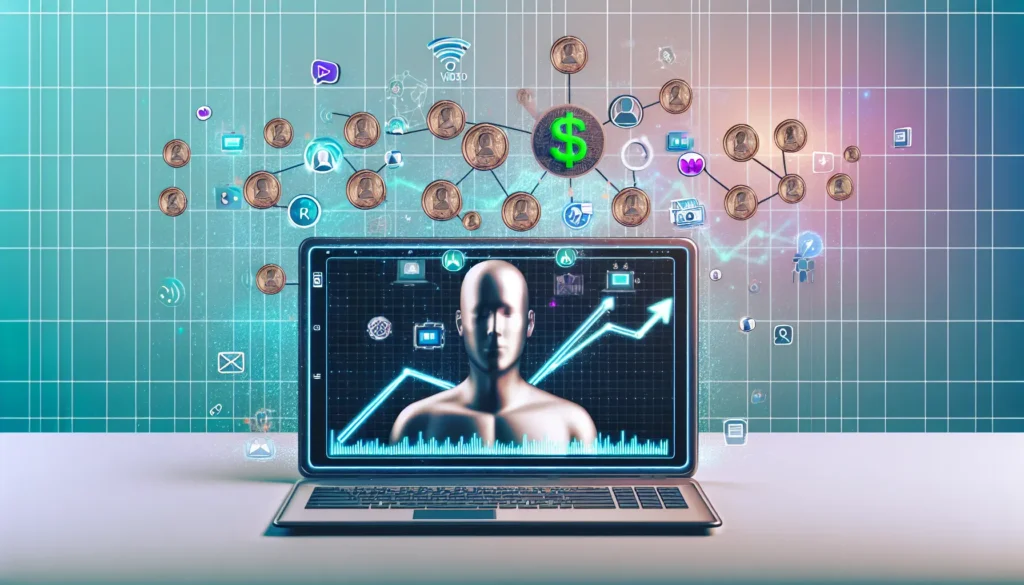 Modern digital illustration of a laptop screen showing the YouTube interface with floating video icons, AI symbols, and dollar signs. A faceless creator silhouette sits behind the laptop with upward growth charts, symbolizing automation, monetization, and faceless YouTube success in a clean, professional style.