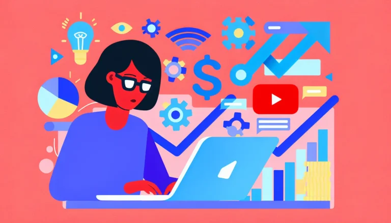 Modern flat illustration of a faceless content creator working on a laptop, surrounded by YouTube video icons, AI automation symbols, dollar signs, and an upward growth chart. Clean, professional digital art style with bold colors emphasizing online video success and monetization.