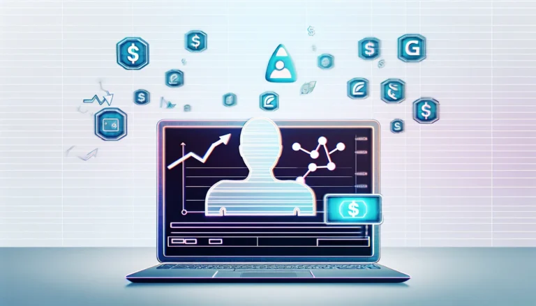 A modern illustration of a laptop screen with the YouTube interface, floating video icons, and AI automation symbols. A faceless creator silhouette sits at a desk with dollar signs and upward growth charts in the background, symbolizing passive income on YouTube faceless channels. Clean, professional, digital art style.