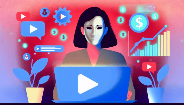 Modern flat illustration of a faceless creator at a laptop screen with YouTube play buttons, AI automation icons, growth charts, and floating dollar symbols, symbolizing faceless channel success and monetization. Clean, digital, professional style suitable for a blog cover.