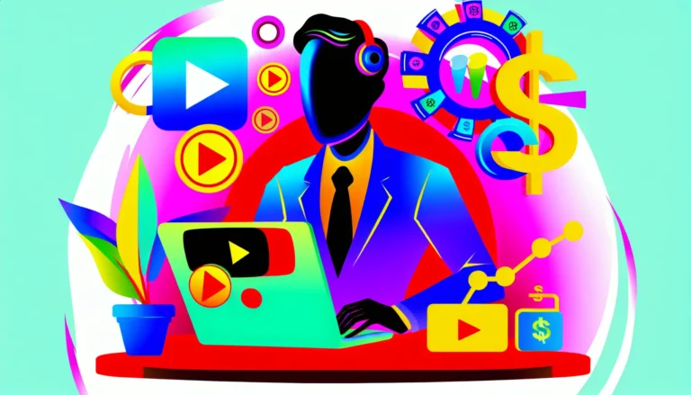 A modern digital illustration of a faceless content creator at a laptop, surrounded by YouTube play buttons, AI icons, dollar signs, and growth charts, symbolizing automation, monetization, and successful YouTube channel building. Clean, bold, professional cover style.