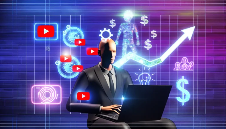 A modern flat-design illustration showing a faceless creator at a laptop, YouTube play buttons floating around, AI automation icons, and a rising growth chart with dollar signs, symbolizing YouTube channel monetization and success. Bright professional colors, clean digital marketing aesthetic.