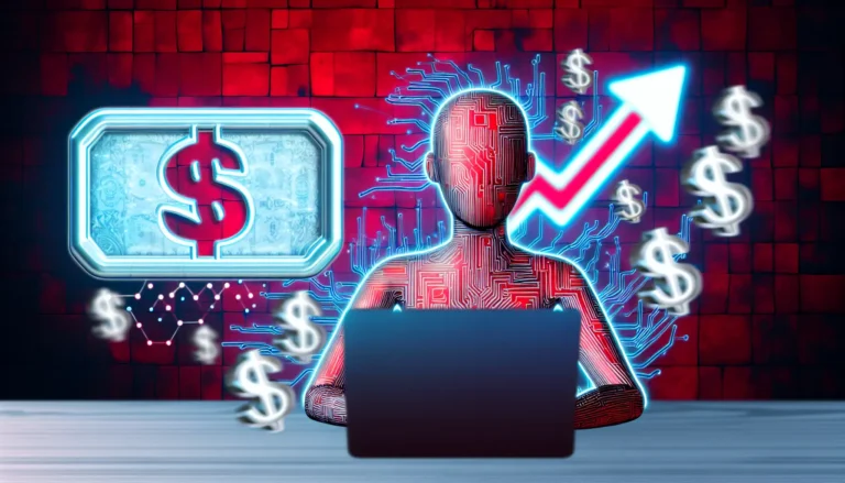 Modern digital artwork of a faceless content creator at a laptop surrounded by floating YouTube play buttons, AI circuit patterns, and rising dollar symbols, symbolizing automation, video growth, and passive income. Clean, futuristic style with bold red and blue tones.
