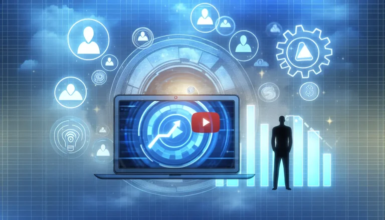 A modern flat illustration featuring a laptop with the YouTube interface on screen, surrounded by floating video icons, AI gears, and dollar symbols. A faceless creator silhouette stands beside growth charts, symbolizing YouTube automation, passive income, and channel success.