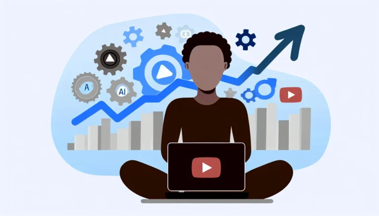 Modern flat illustration of a faceless creator at a laptop surrounded by YouTube play icons, AI automation gears, and upward growth charts, symbolizing video automation, online income, and scalable YouTube success.