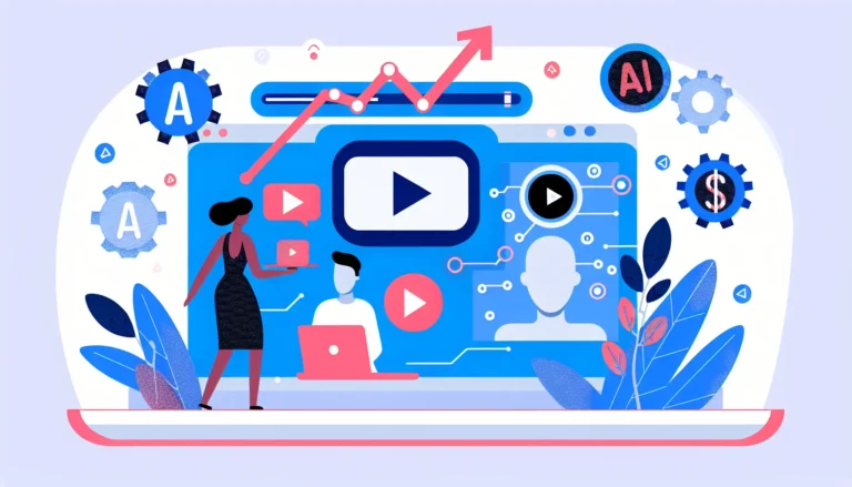 Modern flat-style illustration showing a faceless creator at a laptop with the YouTube play button, AI icons, and upward growth charts. Include elements like video thumbnails, automation gears, and floating dollar signs to represent monetization and success in YouTube faceless channels.